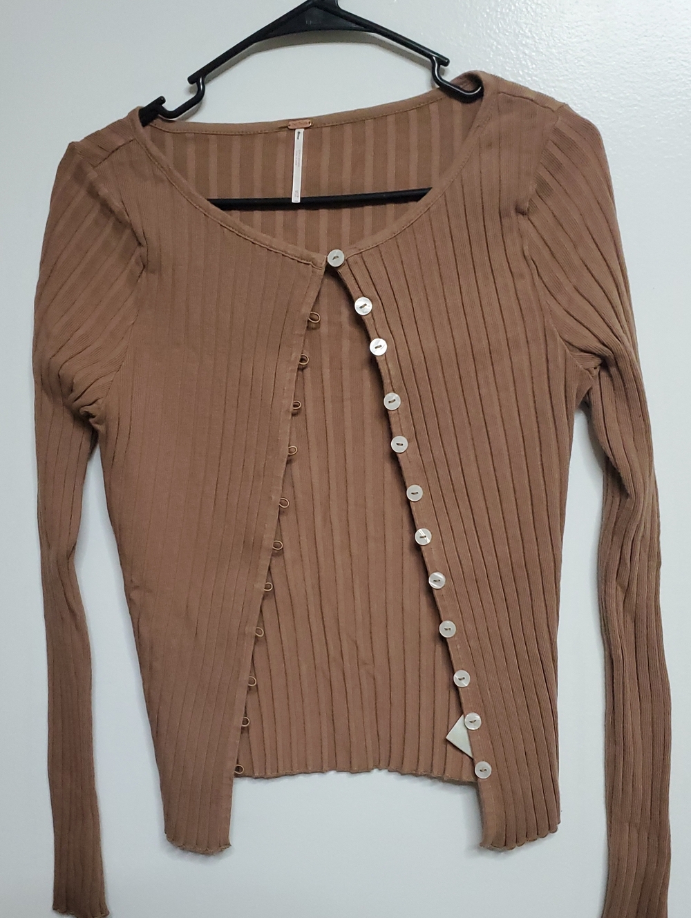 Free People Ribbed Asymmetrical Button Long Sleeve Top - Brown 2 Sizes Avail.